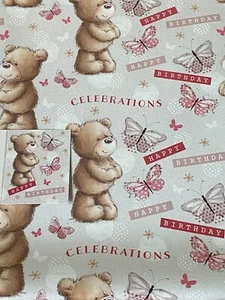 Female Grey/Pink Teddy/Butterflies Wrapping Paper 2 Sheets+1 Tag (BGC34617-5) - Picture 1 of 2