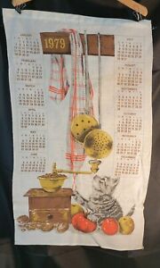 Vintage 1978 Cloth Calendar Apples Grey Kitten Coffee Grinder Kitchen Retro