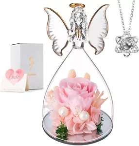 Preserved Flower Rose in Glass Angel Figurines Valentines Day Gifts for Mom NEW - Picture 1 of 6