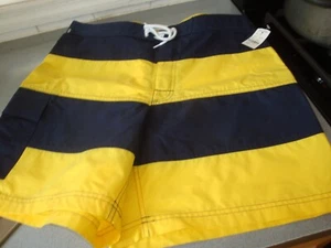 NWT BROOKS BROTHERS YELLOW NAVY BLUE STRIPED BOARD SHORTS COTTON NYLON SZ 34 - Picture 1 of 7