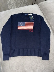 POLO RALPH LAUREN Women’s Navy Flag Knit Cotton Jumper L - Picture 1 of 5