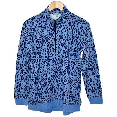 T By Talbots Leopard Print 1/4 Zip Pullover Sweatshirt Blue Women’s Size Small - Image 1 of 4