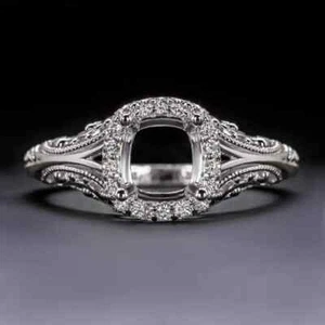 Bague semi-monture vintage en argent sterling 925 taillé coussin plaqué or blanc 14 carats 6 mm - Photo 1 sur 4