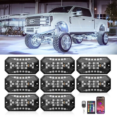 Luces de roca de ángulo completo 8 cápsulas RGBW para camiones Jeep SUV UTV ATV RZR debajo de la carrocería EE. UU. Foto 1 de 4