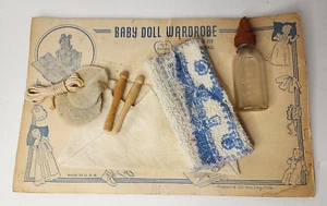Antique 1930s  Baby Doll Wardrobe Acc Glass Bottle Diaper Terrycloth Towel Card - Picture 1 of 10