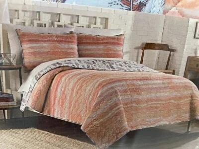 Keeco Zensa Queen 3 PC Reversible Quilted Set Orange Grey Feather Print Cotton - Image 1 of 4