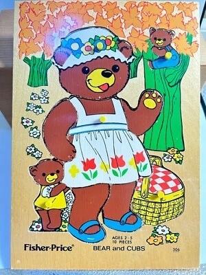 Vintage 1970's Fisher Price Bear And Cubs #506 Wood Puzzle 10 Pieces - Image 1 of 4