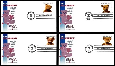 USA, SCOTT # 3653-3656, SET OF 4 APS STAMPSHOW FDC COVERS TEDDY BEARS YEAR 2002 - Image 1 of 4