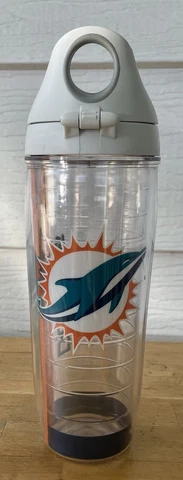 Tervis 24 oz Clear tumbler Miami Dolphins  Football NFL W/ screw on flip top lid Cover