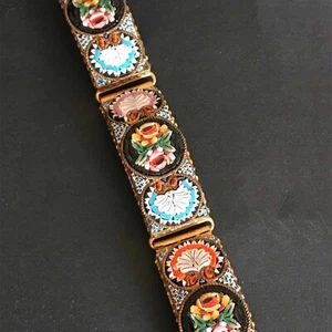 *Vintage SUPERB Old Italian Floral Micro Mosaic Brass Bracelet - Picture 1 of 6