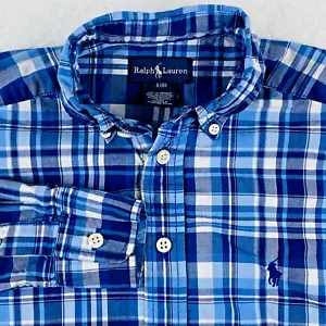 Ralph Lauren Button Down Shirt Boys Small 8 Blue White Plaid L/S Preppy Pony - Picture 1 of 8