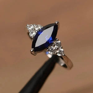 2.21 Ct Marquise Cut Blue Sapphire Solitaire Ring 14K White Gold - Picture 1 of 6