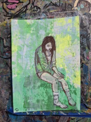 Woman in the Forest Acrylic and Pen  ATC OOAK ORIGINAL 3.5 x 2.5 inches - Image 1 of 2