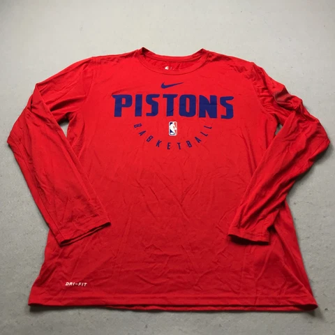Detroit Pistons Shirt Mens Large Red Nike Long Sleeve Athletic Cut NBA Tee Cover
