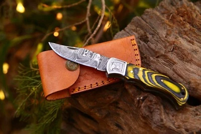 Pak Damascus Handmade Folding / Pocket Damascus Steel Knife With Leather Sheath - Image 1 of 4