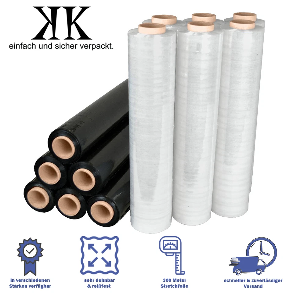 KK VERPACKUNGEN © Stretchfolie 6 x Rollen Palettenfolie Transparent Schwarz Wickelfolie