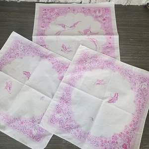 Women's Vintage 3-pc Handkerchief Set White W/Pink Butterflies Flowers Floral - Picture 1 of 5