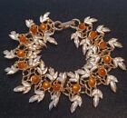 Vintage Judy Lee Bracelet 7" Floral Lucite White Enamel Leaf Gold Tone Link #73