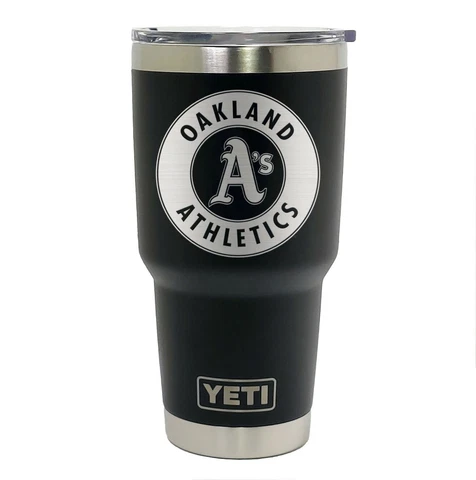 OAKLAND A's YETI Laser Engraved 20 or 30 oz. Black Stainless Steel Tumbler Cover