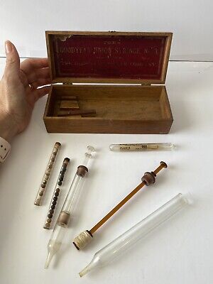 NTM Antique Glass Syringe Medical Tools Amber Plunger Bulb Tip Sutures • 32.78£