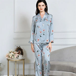 2 Pcs/lot Women Pajamas Set Imitation Silk Sleepwear Nightwear Long Sleeve Set - Picture 1 of 31