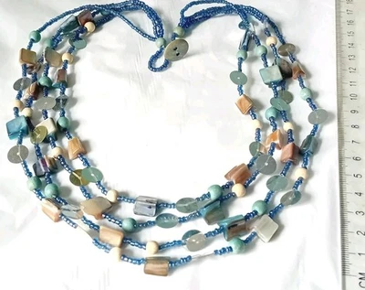 Blue & Cream 4 Strand Mother Of Pearl Beads, Sequins Necklace 50cm B492 - Image 1 of 4