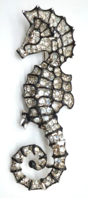 Vintage 90s Kenneth Jay Lane Rhinestone & Black Enamel Seahorse Pin Needs Repair - Image 1 of 4