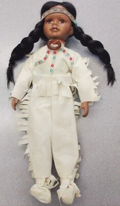 Native American Porcelain Doll Traditional Dress w/Fringe, Beads & Stand 16" Hi - Picture 1 of 11