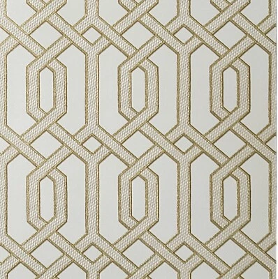 Ivory yellow Gold metallic geometric faux fabric textured trellis line Wallpaper - Image 1 of 4