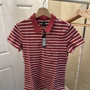 Tommy Hilfiger Slim Fit Cotton Mesh Stripe Short Sleeve Polo Pink and White. - Picture 1 of 4