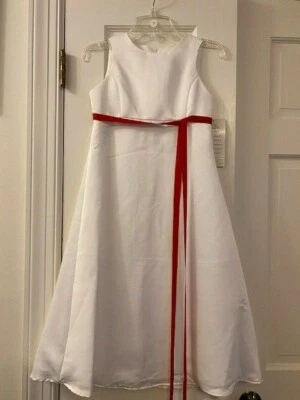NUEVO Vestido Us Angels Niñas Blanco con Faja Roja Comunión o Flor Niña Talla 7 Foto 1 de 4