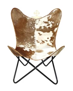 Piel Vacuno Mariposa, con Estilo Decor Silla Cómodo Sentado Marrón Y Blanco - Imagen 1 de 9