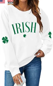 Women St. Patrick'S Day Sweatshirts Shamrock Shirt Clover Printed Long Sleeve Ir - Picture 1 of 1