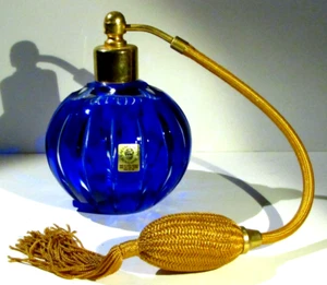CAESAR CRYSTAL Blue Perfume Bottle Hand Cut to Clear Overlay Czech Atomizer - Picture 1 of 4