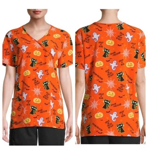 Womens Scrubstar Scrub Top Orange Halloween Size 2X 2XG Pockets Black Cat - Picture 1 of 14