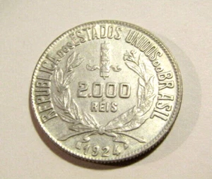 Brazil 1924 2000 Reis Au Silver Coin - Picture 1 of 5