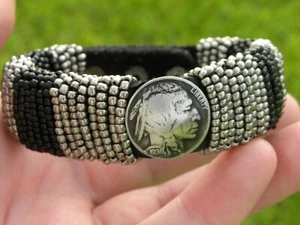 Cuff bracelet 1936 authentic Buffalo Indian Nickel coin Bison leather glass bead - Picture 1 of 5