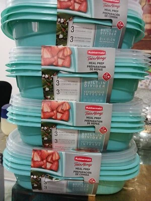 Rubbermaid Take A Long Meal Prep Built In Divider 3 pack Turquoise New - Image 1 of 4