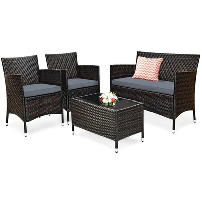 Patiojoy 4PCS Rattan Patio Furniture Set Cushioned Sofa Chair Coffee Table Grey - Image 1 of 4