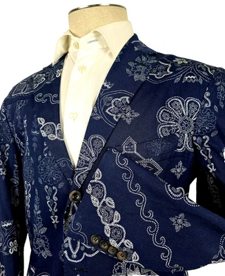 ETRO Milano Cotton Sport Coat Blue Geometric Pat. Lightweight 52, 42 Short ITALY - Image 1 of 4