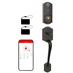 Smart Door Lock Handle Keyless Entry Bluetooth Alexa Front Door Keypad Bronze OW - Picture 1 of 11