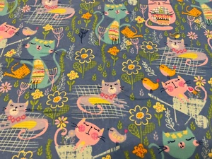 Cute Blue Multi Kitty Print Cotton Flannel 33" x 41"  Pre-Washed Clean - Picture 1 of 3