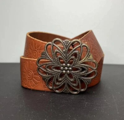 Vtg Candie’s Italian Leather Floral Patterned Brown Belt Embossed USA Boho Sz L - Image 1 of 4