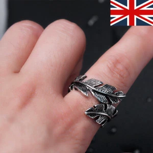 Stainless Steel Vintage Silver Mens Ring Retro Gothic Antique Feather Ring Band` - Picture 1 of 7