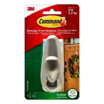 Command Outdoor Hook, Large, Brushed Nickel, 1 Wall Hook, 2 Strips/Pack - Image 1 of 4