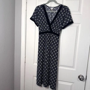 Christopher & Banks Size L Black & Blue Floral Print Faux Wrap Dress with Tie - Picture 1 of 9