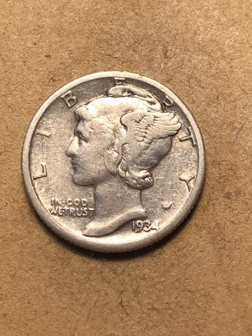 1934-P Mercury Silver Dime, Extra Fine Circ. Lot U-41045, "FREE SHIPPING" Cover