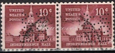 Perfins USA 1954, Sc1044 2x 10c Independence Hall. Used HWYCOM - Image 1 of 3