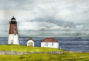 Faro Point Judith, Bahía Narragansett, RI. Tarjetas de notas de acuarela Rob Thorpe - Imagen 1 de 2