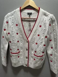 Talbots Valentine Cardigan Sweater PM White/Red Hearts 2 Pocket Cotton Blend NWT - Picture 1 of 7